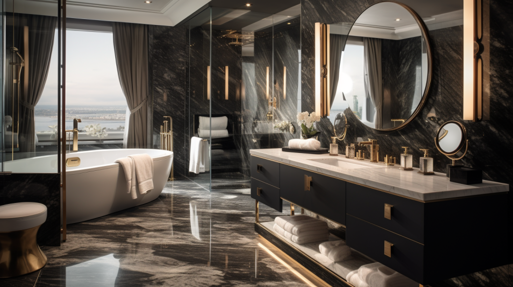 Hotel suite bathroom elevated by Uni Tile Landers Inc.'s Hotel Tile Panel Solutions