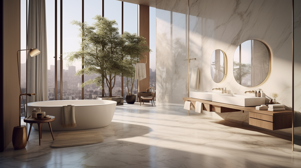 Luxurious Tile Installation bathroom featuring porcelain slabs on floor and walls by Uni Tile Landers Inc.