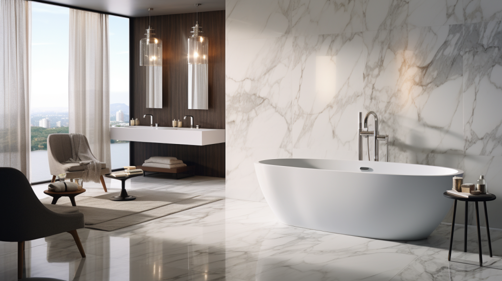 Stunning bathroom tiling by Uni Tile Landers Inc. featuring intricate patterns and premium materials.