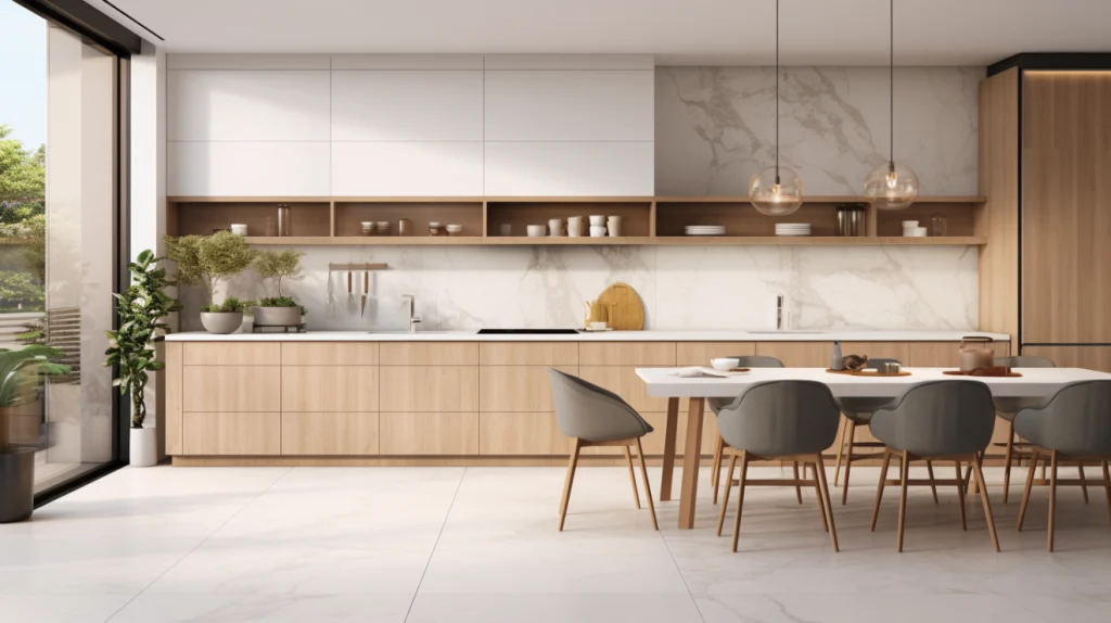 An array of the latest kitchen tiles for 2024, showcasing a mix of large format porcelain, vibrant patterned tiles, and eco-friendly options