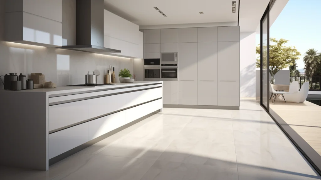 Modern kitchen featuring sleek porcelain tiles in grayscale